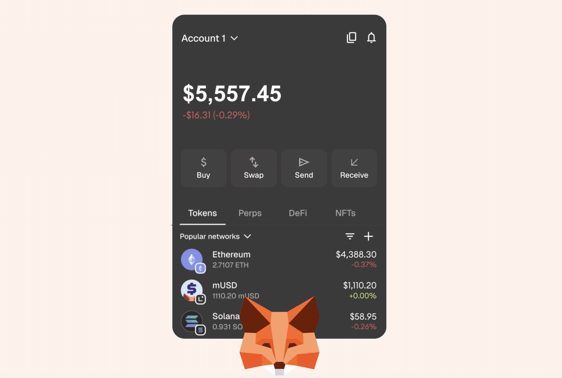 MetaMask crypto wallet app interface showing token balances, swaps, DeFi, and NFTs.