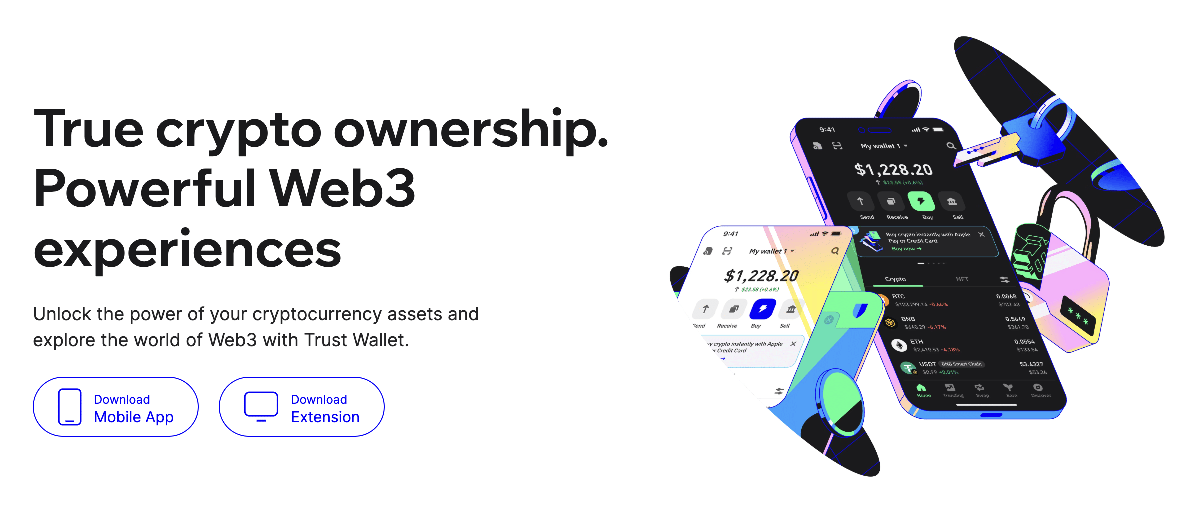 Trust Wallet app homepage showing mobile wallet interface and Web3 crypto features.