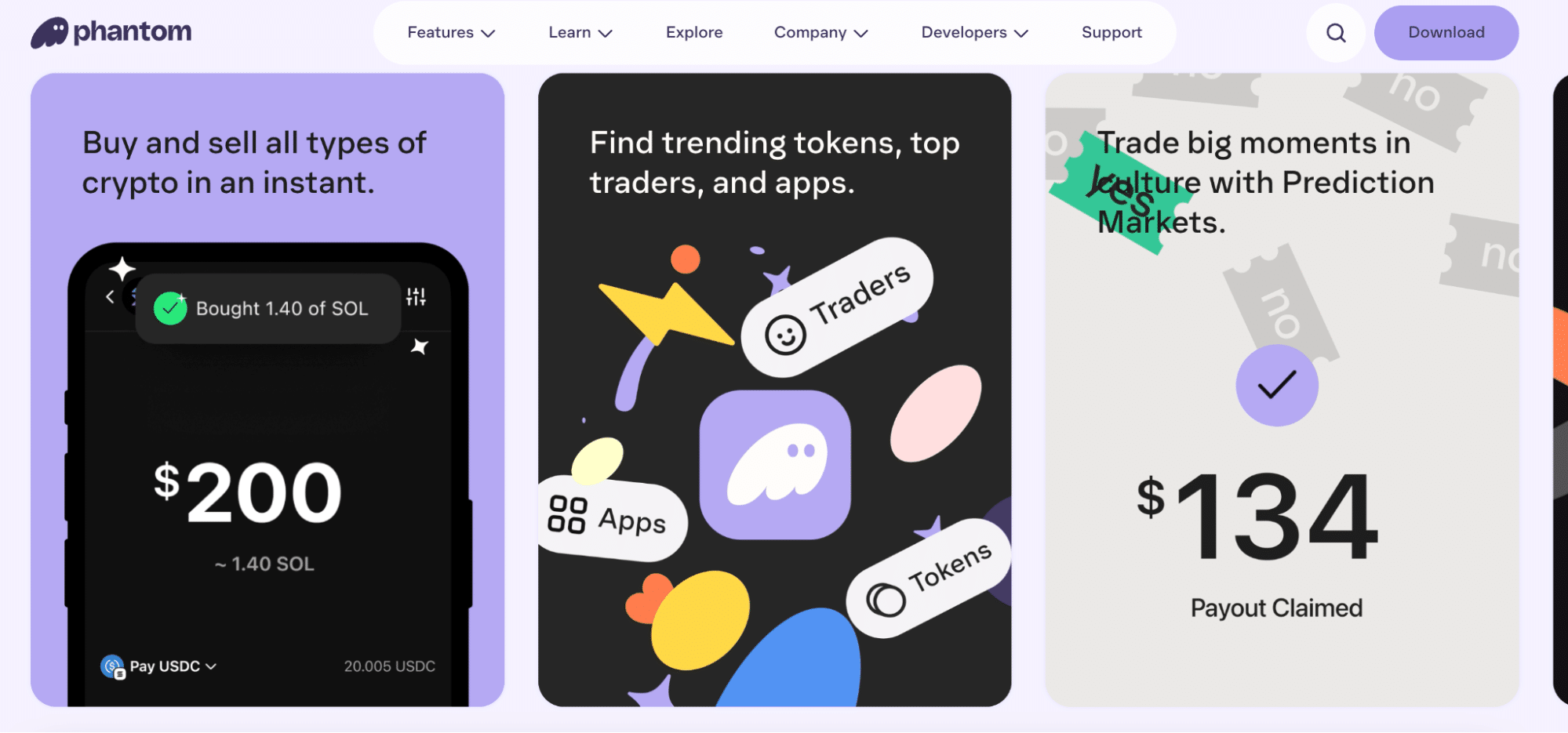 Phantom crypto wallet homepage showing buy, sell, apps, tokens, and trading features.