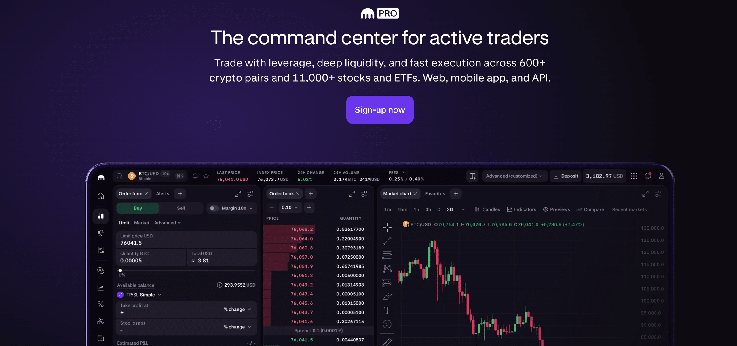 Kraken Pro crypto app showing BTC/USD trading chart, order book, and order form.