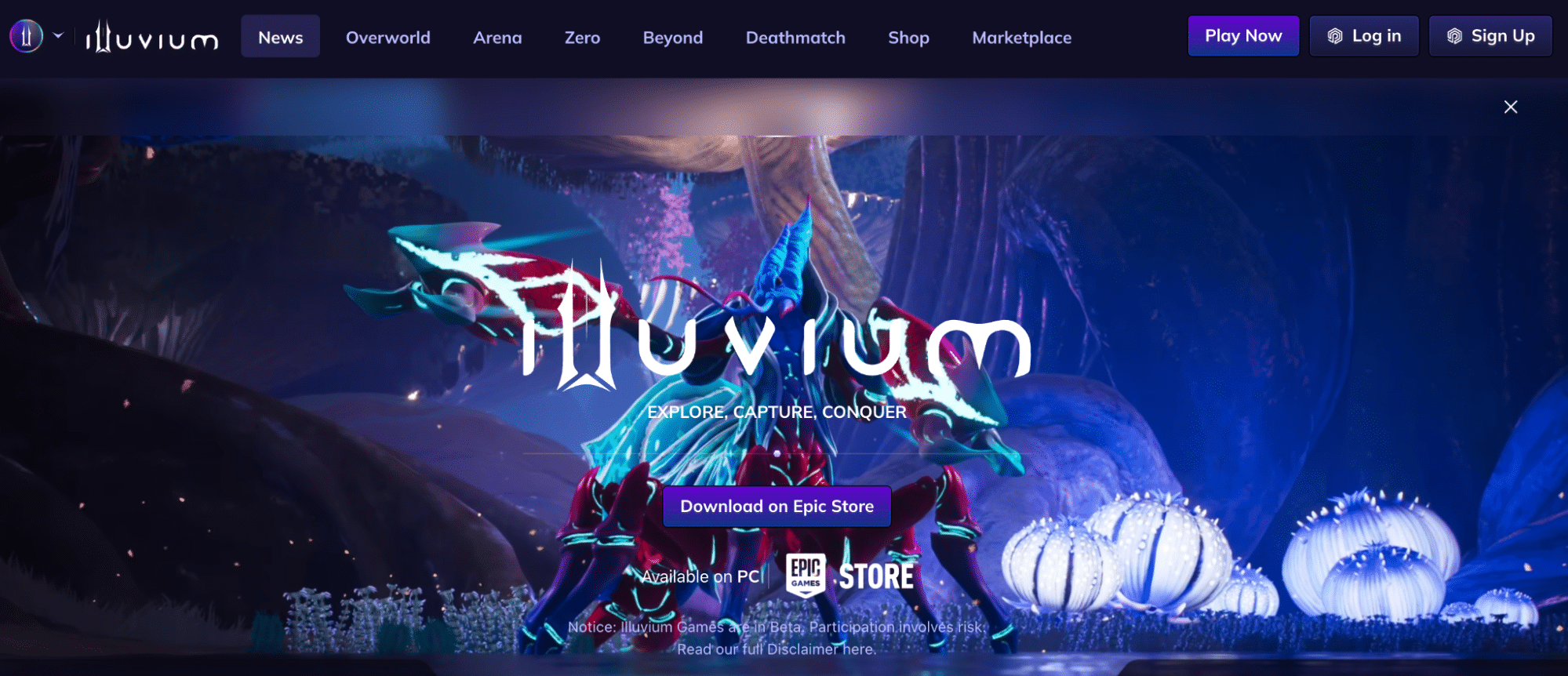 Illuvium play-to-earn game homepage showing fantasy creatures, Epic Store download button, play now navigation, and blockchain gaming interface