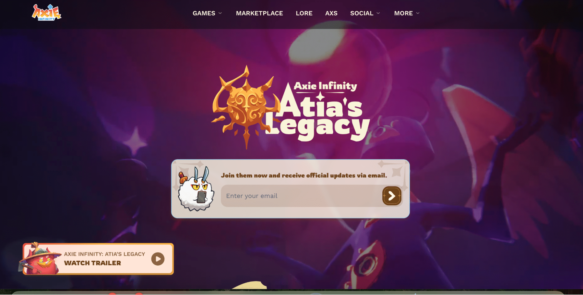 Axie Infinity play-to-earn game homepage showing Atia’s Legacy update, email signup, trailer button, marketplace navigation, and fantasy game artwork