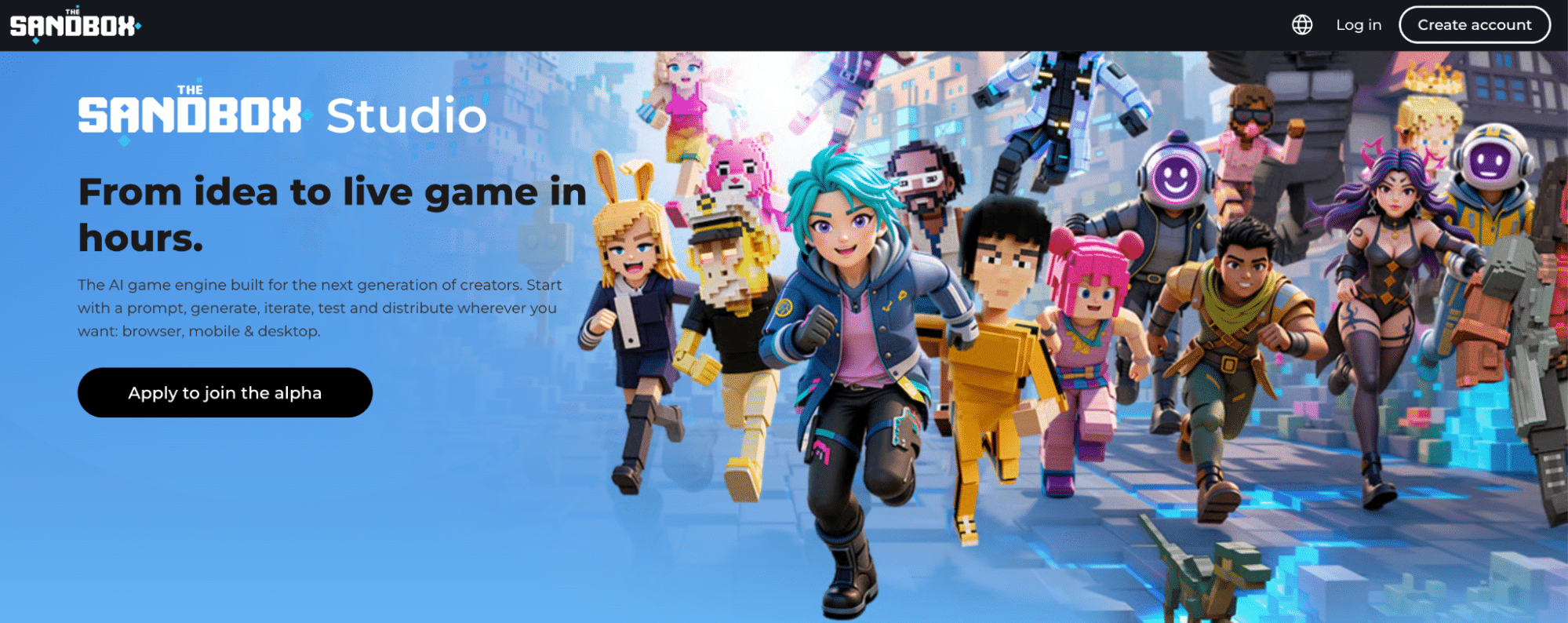 The Sandbox Studio homepage showing AI game engine, creator tools, alpha application button, voxel characters, and blockchain gaming platform