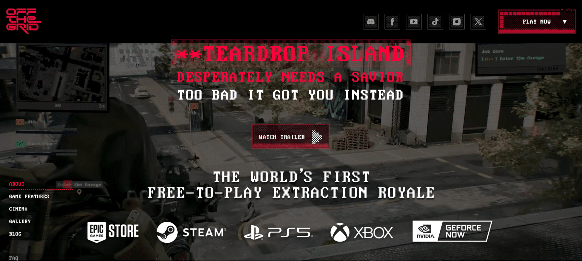 Off The Grid blockchain game homepage showing Teardrop Island, free-to-play extraction royale messaging, trailer button, and supported platforms