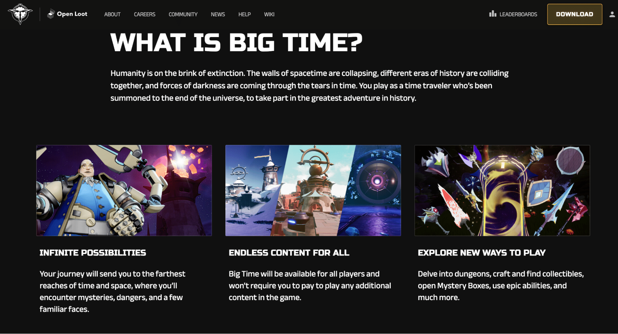 Big Time play-to-earn game page showing time-travel RPG description, open loot navigation, game features, screenshots, and download button