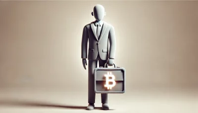 Faceless businessman holding a Bitcoin briefcase