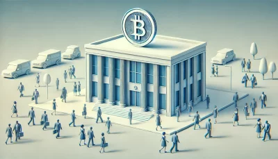 People walking around a bank-like building that has a Bitcoin symbol on it