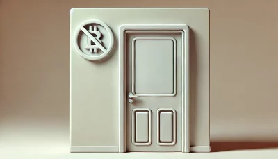 A door with a crossed out Bitcoin sign next to it