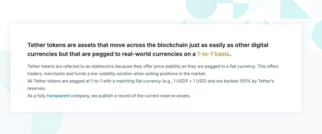 tether website screenshot explaining that usdt maintains a 1-to-1 ratio with fiat currencies