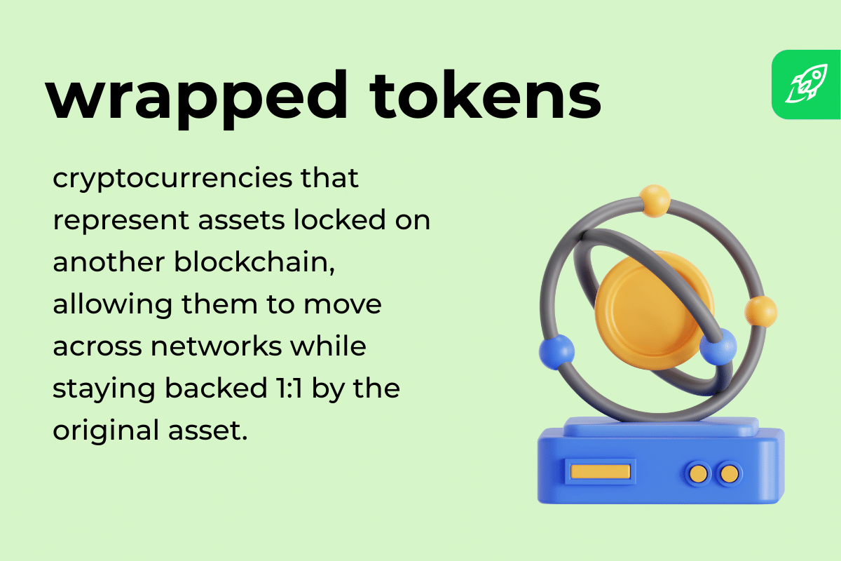 Definition of wrapped tokens showing how cryptocurrencies represent locked assets to enable cross-chain transactions.