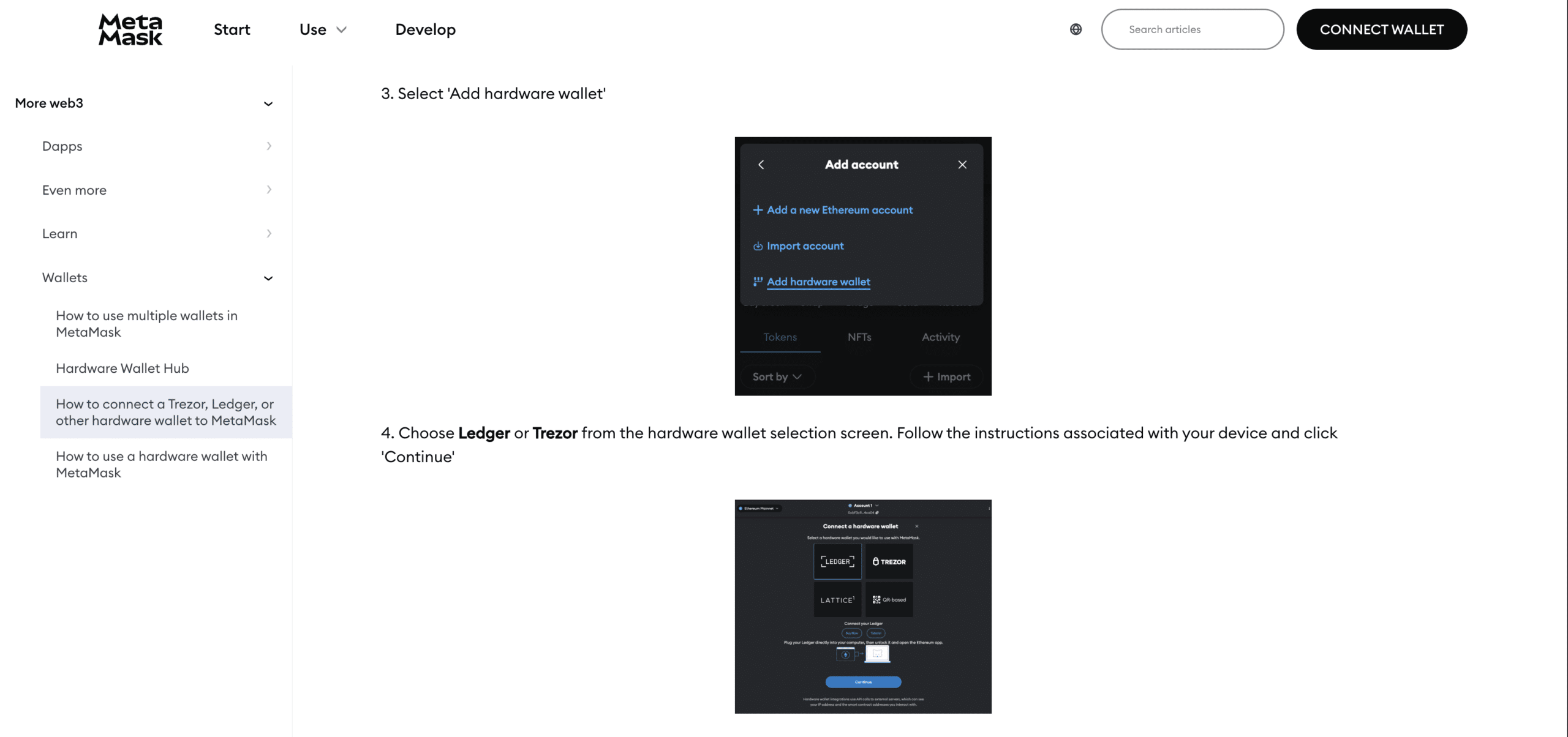MetaMask interface showing how to connect a Ledger wallet or Trezor hardware wallet for offline private key storage and secure transactions.
