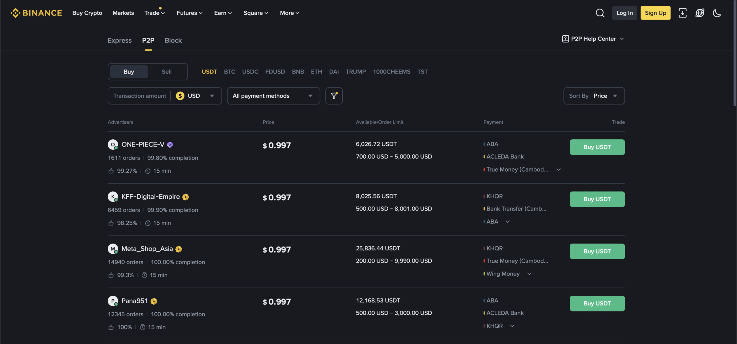 Screenshot of Binance P2P trading interface displaying USDT buy offers with prices, order limits, payment methods, and seller ratings.