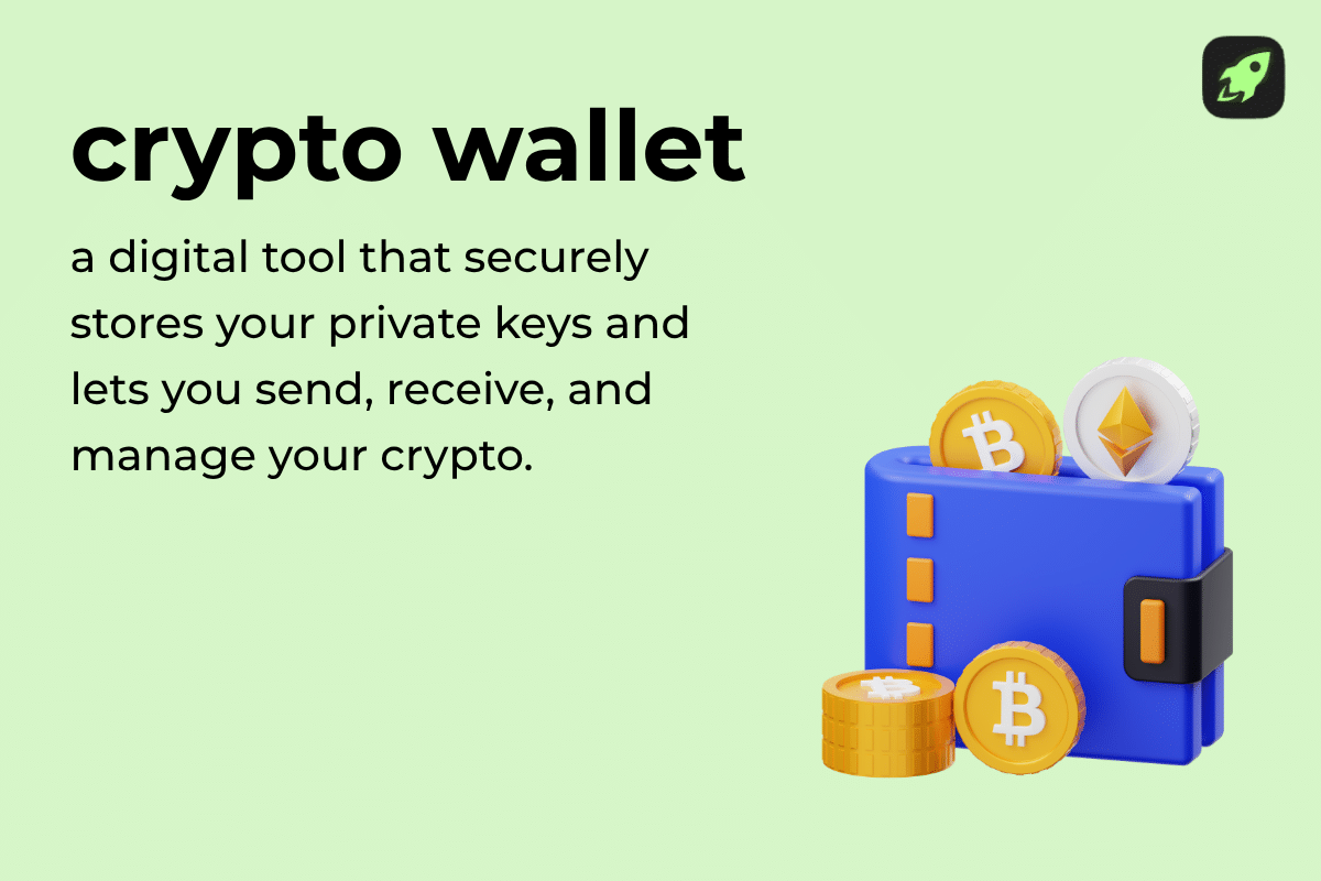 Definition of a cryptocurrency wallet showing how it stores private keys and manages crypto transactions securely on the blockchain
