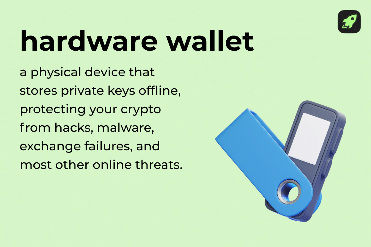 Definition image of a hardware wallet device as a place to store private keys offline for secure self custody of digital assets
