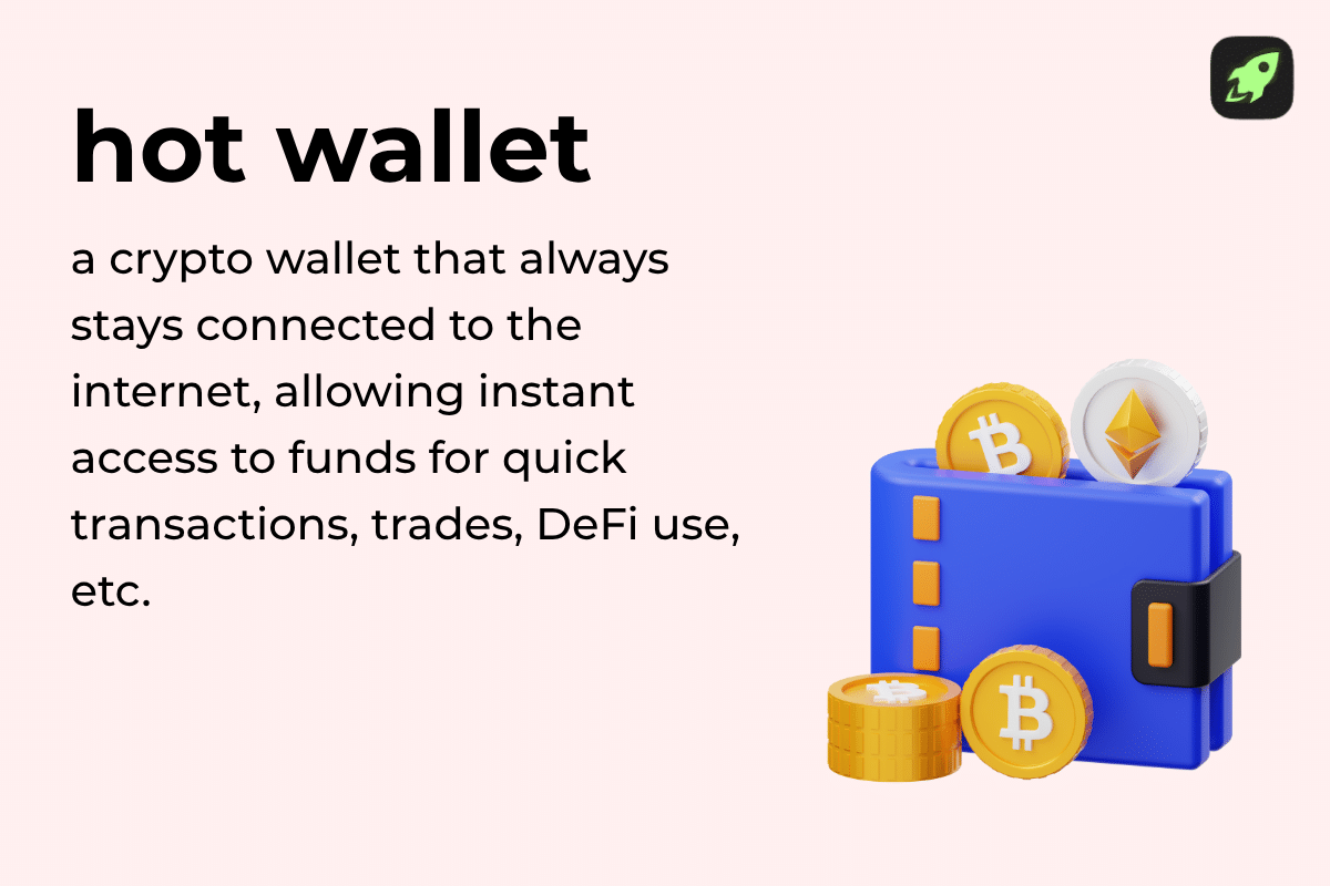 Illustration defining a hot wallet as connected to the internet, allowing instant crypto and Web3 access and quick transactions