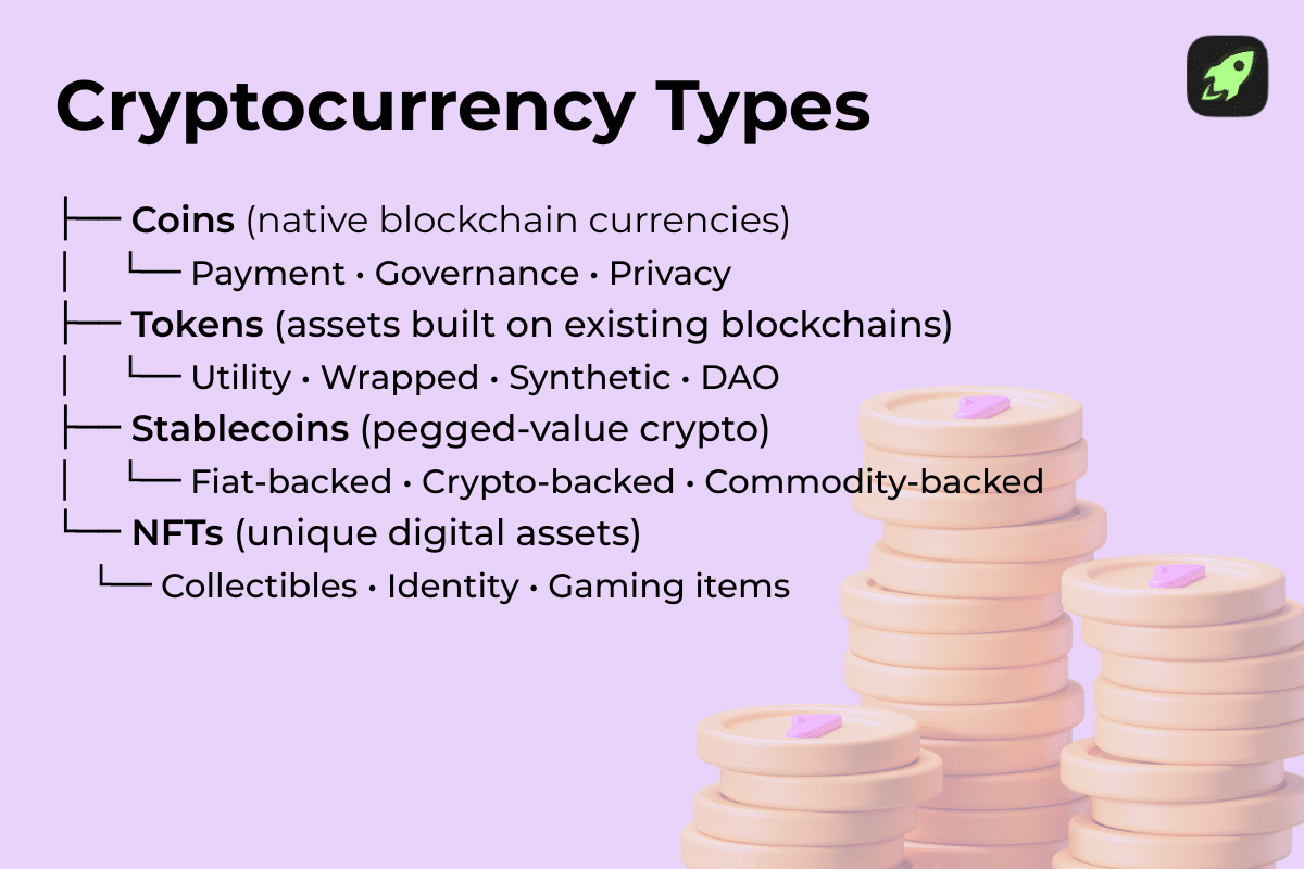 Image listing different types of cryptocurrency: coins, tokens, stablecoins, and NFTs
