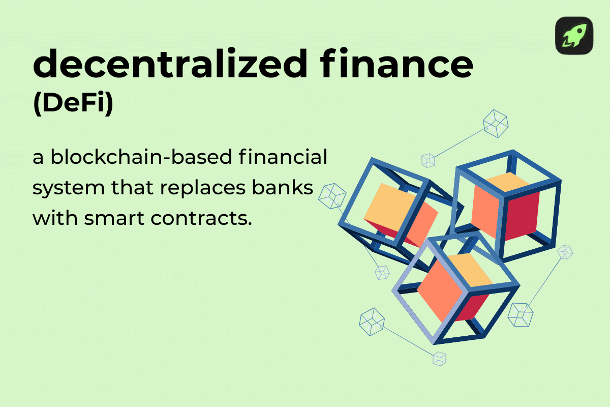 Definition card describing DeFi as a decentralized financial system using blockchain and smart contracts.