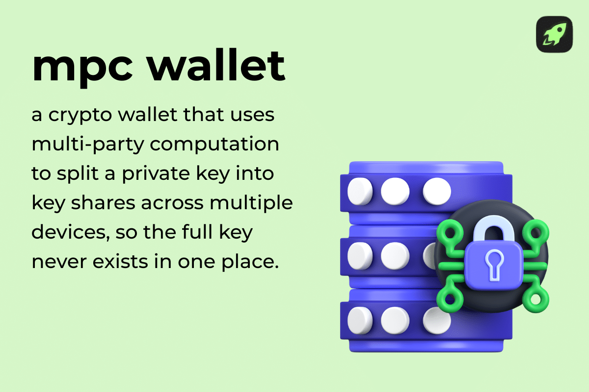 Definition image explaining MPC wallets as crypto wallets that split a private key into key shares across multiple devices using multi-party computation for stronger security
