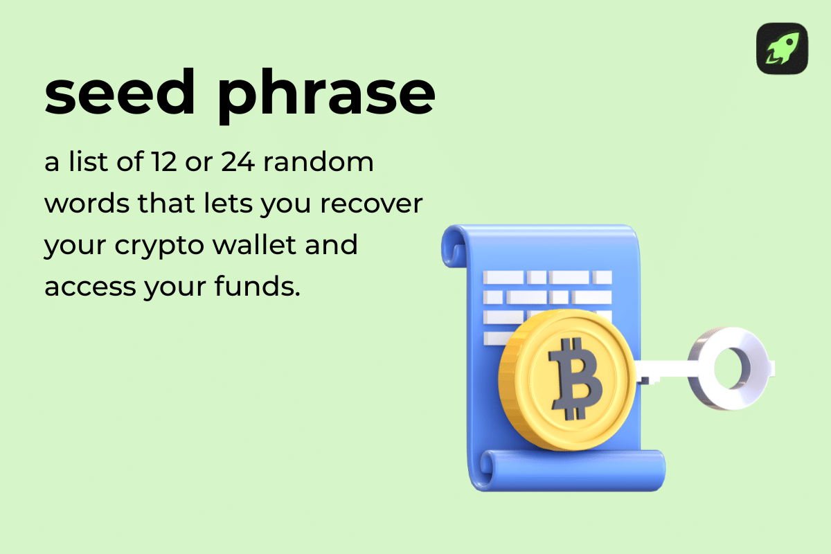 Illustration showing a crypto seed phrase as a list of random words used to recover a wallet and access digital assets.