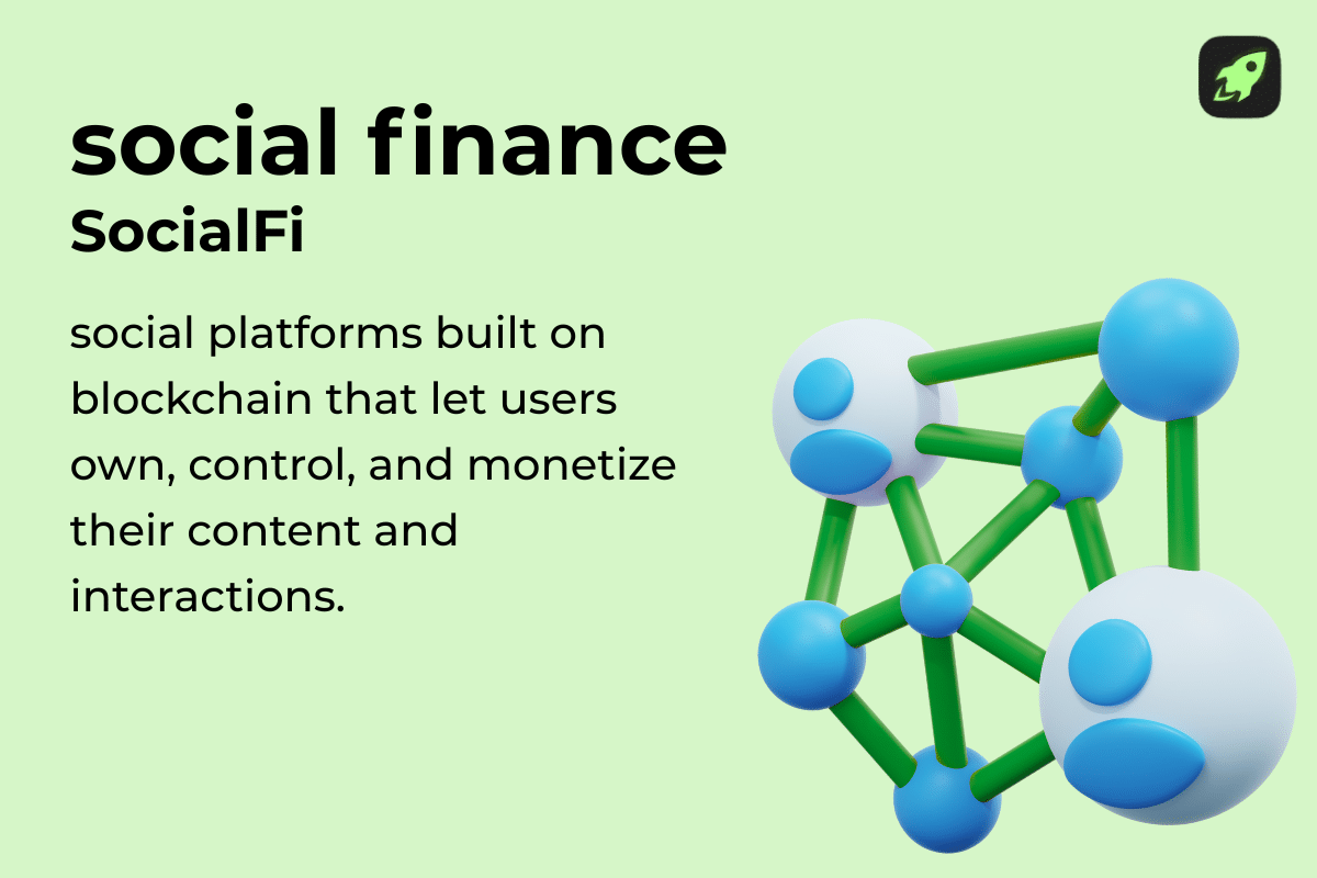 Definition card explaining SocialFi as blockchain-based social media with user-owned content and crypto rewards