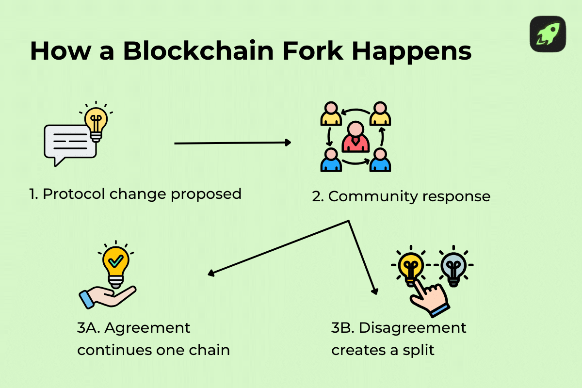 Simple flowchart showing how blockchain protocol changes lead to agreement or a blockchain fork