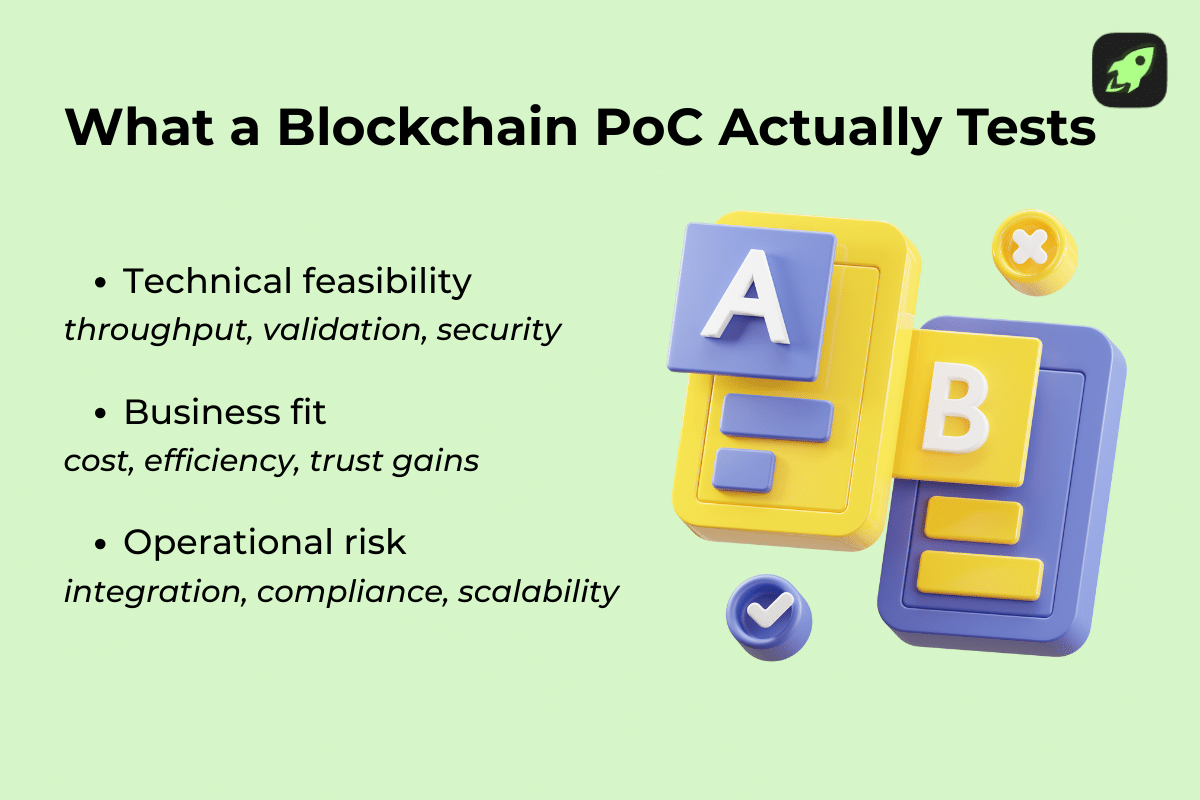 Blockchain PoC checklist highlighting feasibility, integration risks, and business impact.
