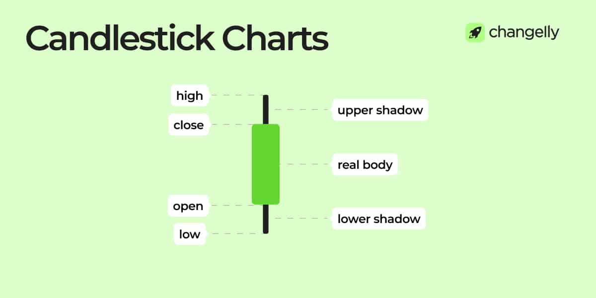 infographic showing candlestick charts in crypto technical analysis, with the high, low, open, close, upper shadow, lower shadow, body of the candle
