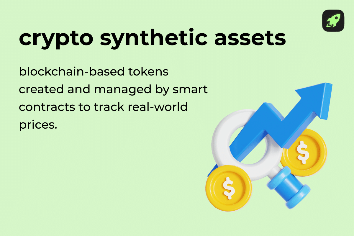Definition card explaining crypto synthetic assets as blockchain tokens that mirror real-world asset prices