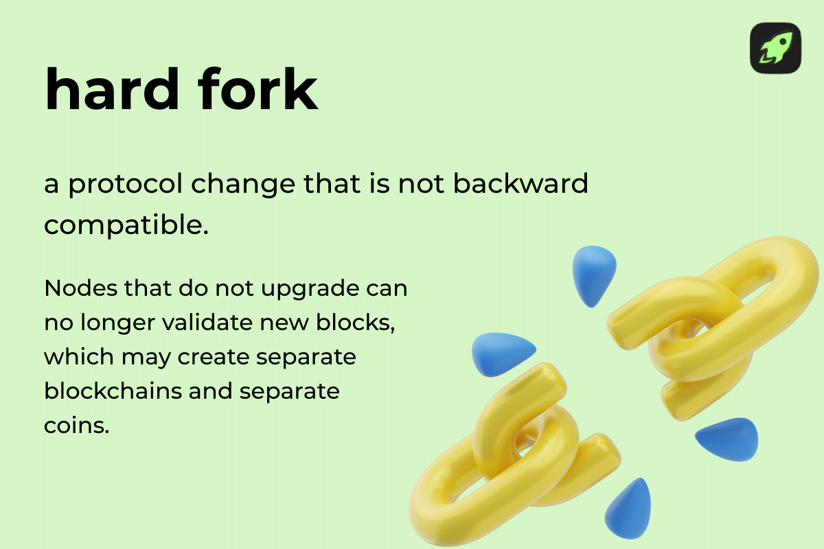 Hard fork definition showing incompatible protocol changes that can create separate blockchains and cryptocurrencies
