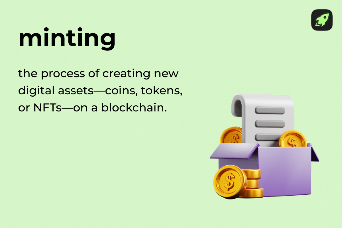 Definition card explaining crypto minting as the process of creating new digital assets on a blockchain