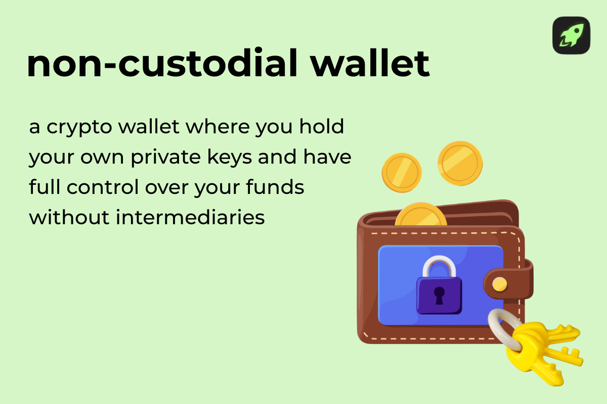 Non-custodial wallet definition showing it is a crypto wallet where users control private keys and manage their own crypto assets