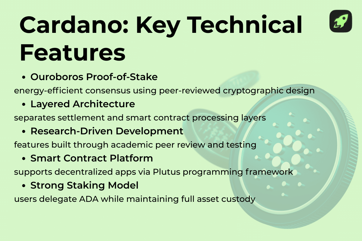 Infographic titled “Cardano: Key Technical Features” listing Ouroboros proof-of-stake, layered blockchain architecture, research-driven development, Plutus smart contract platform, and a delegation-based staking model.
