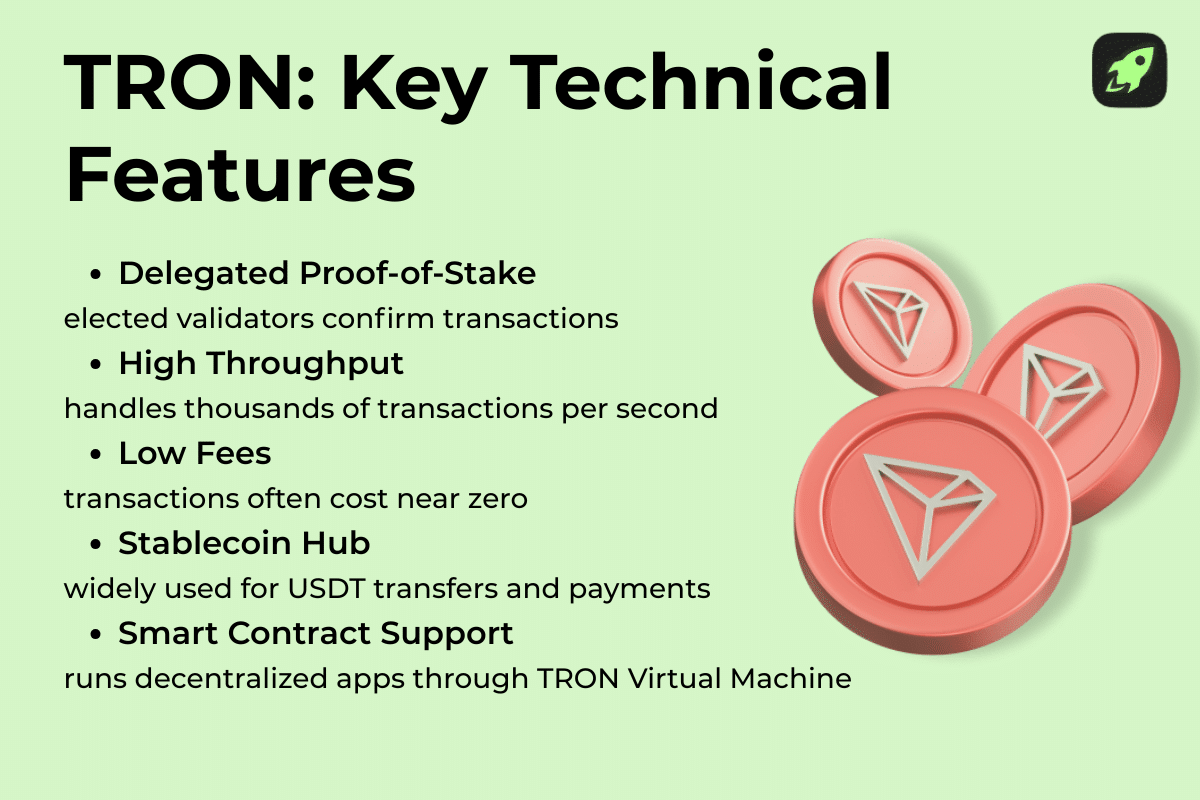 Infographic showing TRON key technical features, including delegated proof-of-stake validation, high transaction throughput, low transaction fees, stablecoin payment usage, and smart contract support through the TRON Virtual Machine