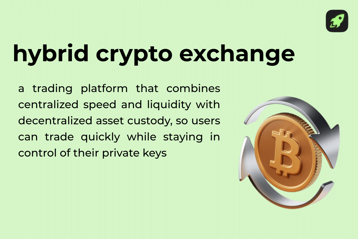 Definition card explaining hybrid crypto exchange is a platform combining centralized trading speed with decentralized private key control
