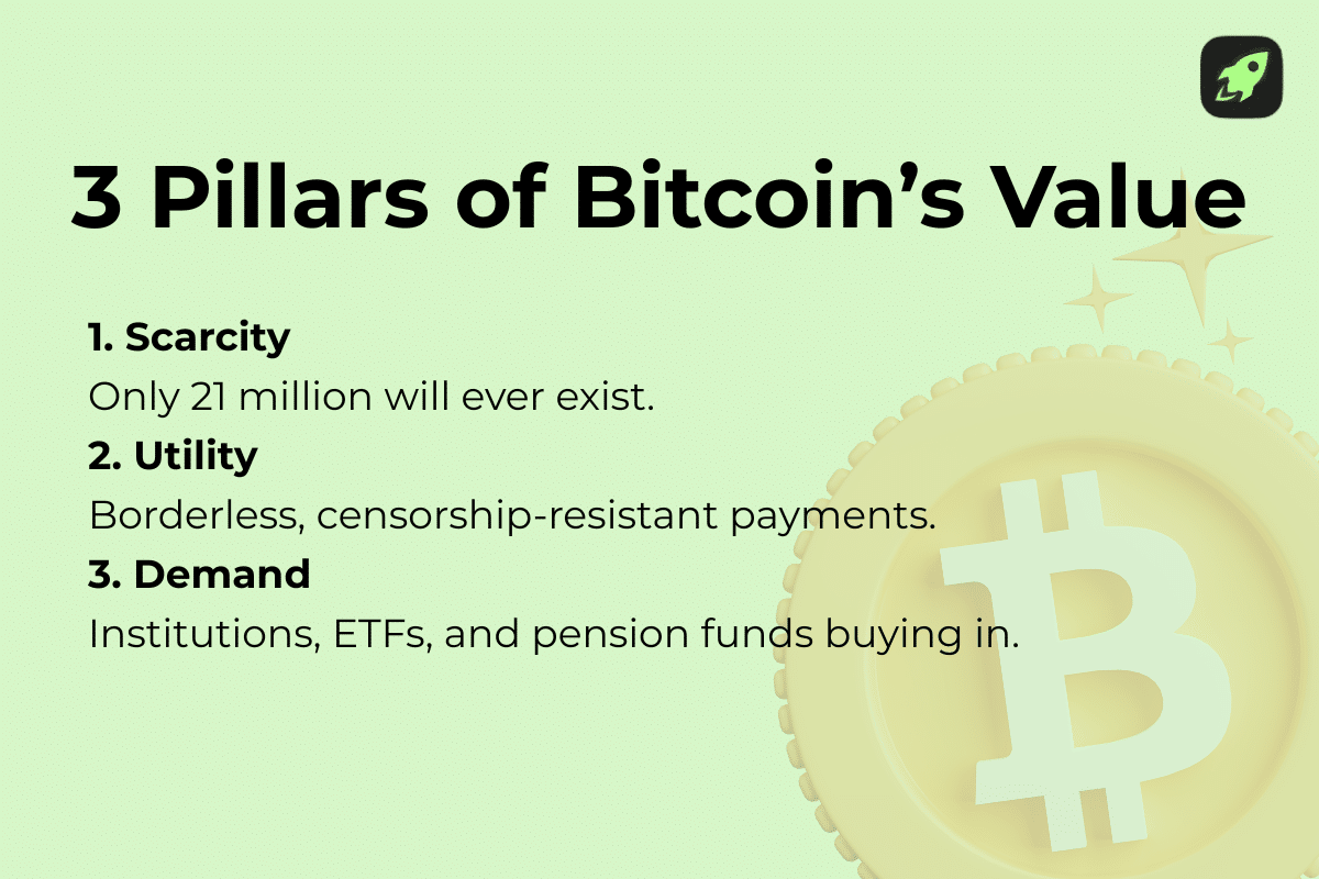 Infographic listing the three drivers of Bitcoin's value: scarcity (fixed supply of 21 million coins), utility (borderless and censorship-resistant payments), and demand (institutional investors and ETFs buying in).