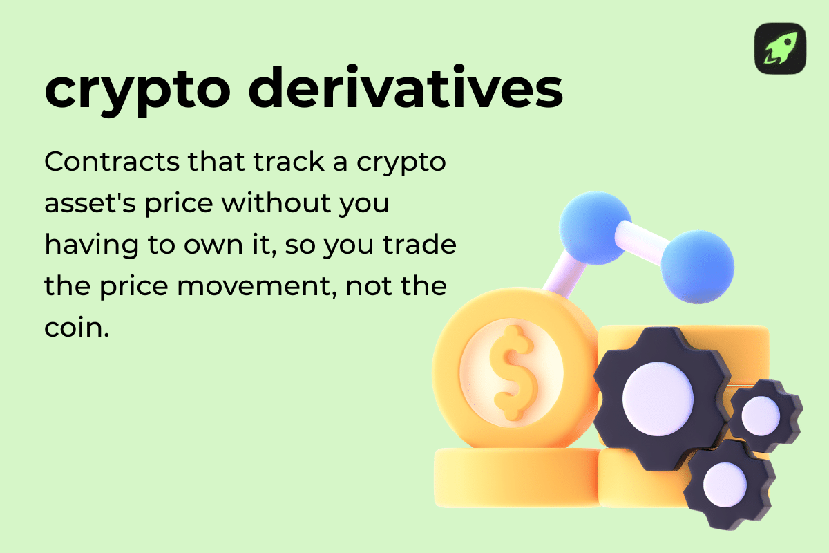 Definition explaining what crypto derivatives are: financial contracts that track cryptocurrency prices without requiring ownership of the underlying asset