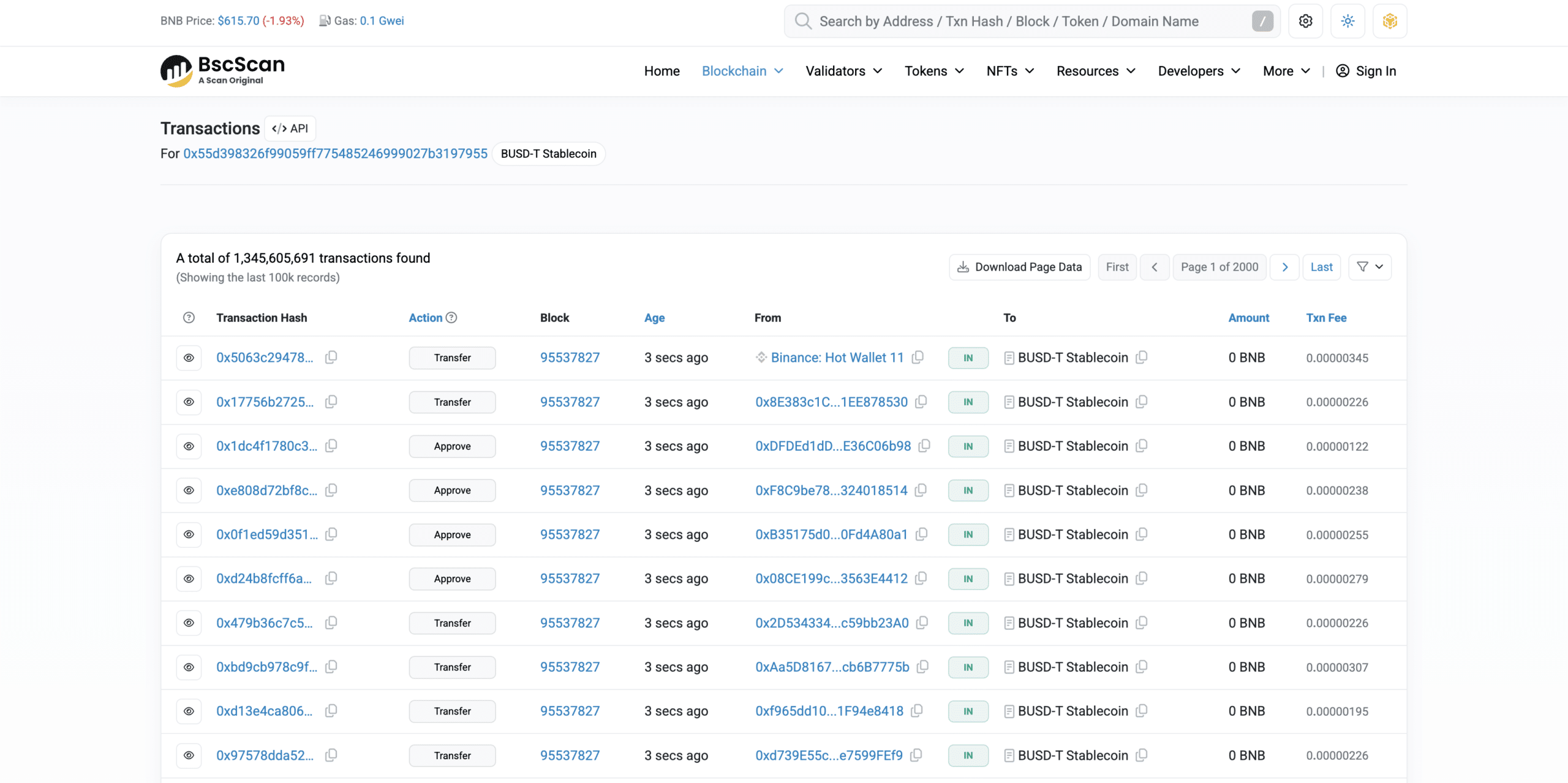 BscScan home page showing real-time BUSD-T Stablecoin transfers on BNB Smart Chain, including transaction hashes, block numbers, sender and recipient addresses, and transaction fees in BNB.