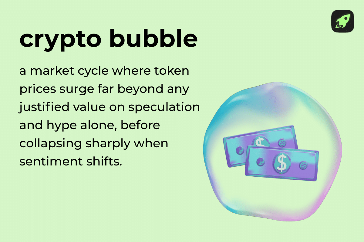 Infographic explaining what a crypto bubble is, how it forms from prices surging beyond any justified value on speculation and hype, and collapse when sentiment changes.
