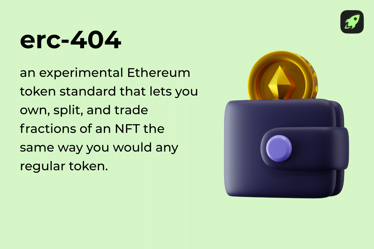 Infographic explaining how the ERC-404 token standard enables fractional NFT ownership on Ethereum.