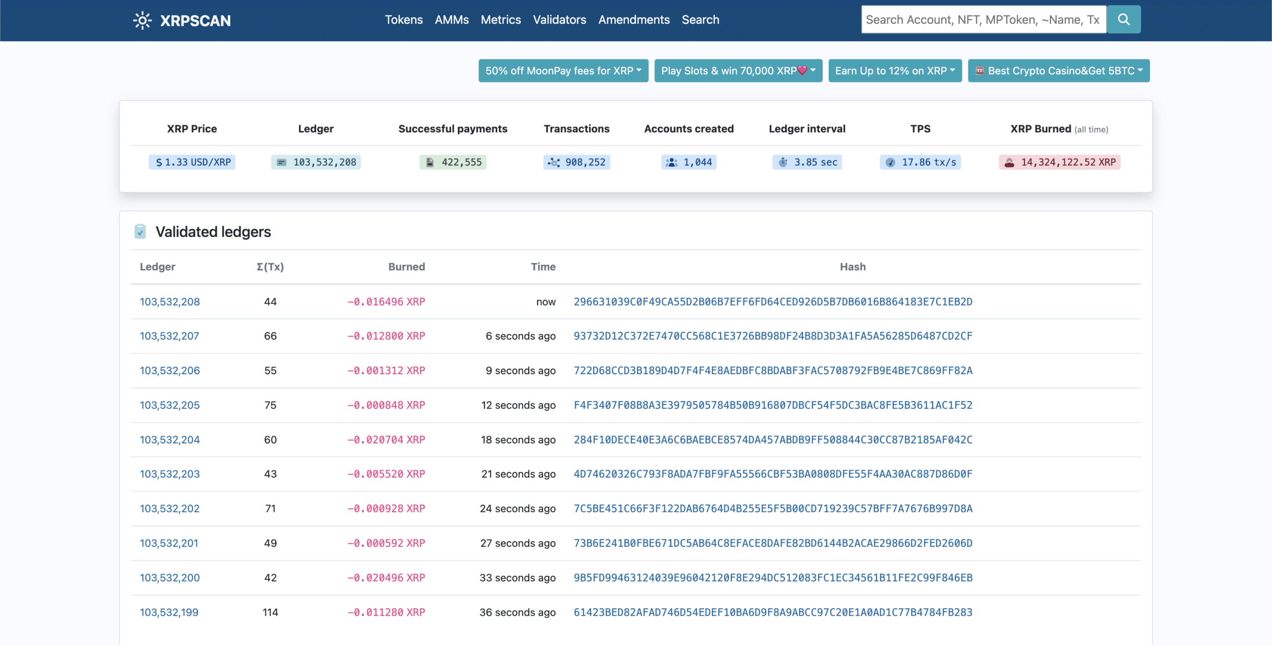 XRPScan homepage displaying live XRP price, transaction count, ledger interval, TPS, and a list of validated ledgers with hashes and timestamps.