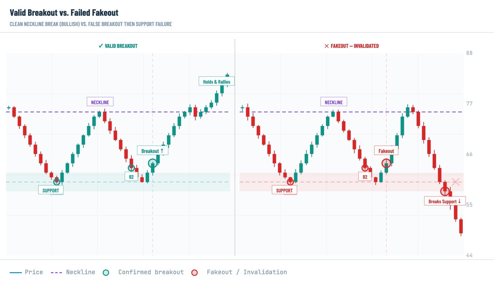 Double bottom chart showing valid breakout, fakeout, neckline resistance, and support failure in crypto trading