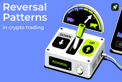 reversal patterns in crypto trading article cover image showing reversal moving up or down with bearing or bullish sentiment